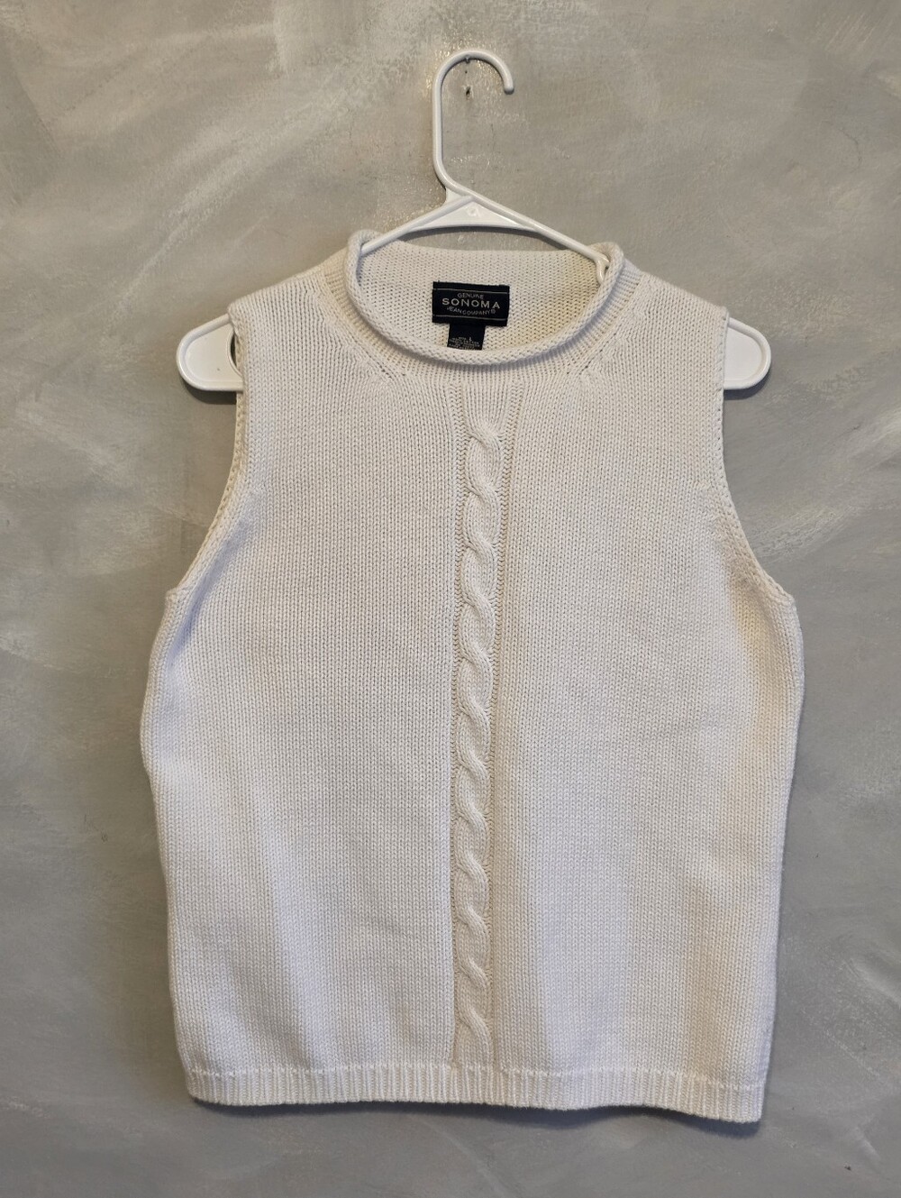 Vtg 90s Sonoma White Cable Knit Tank Top Sweater Sz L Cotton Rolled Neck